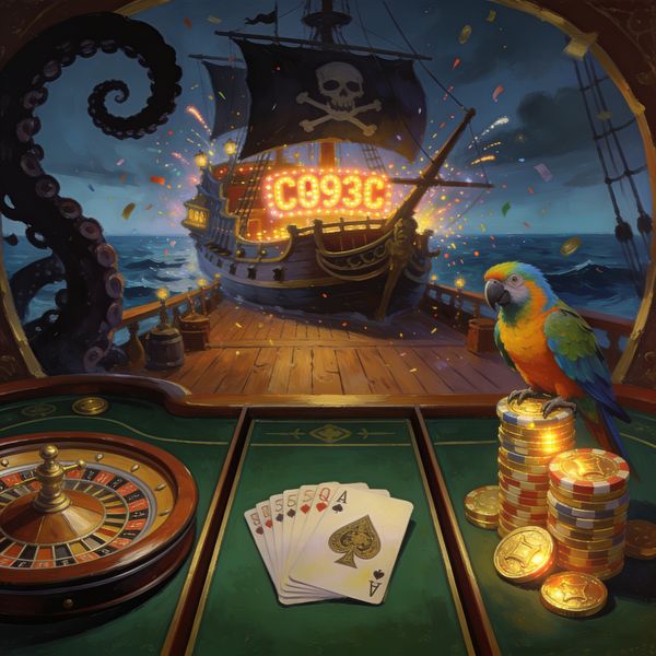 Roulette wheel, card fan, and chip stacks across a felt table with a parrot perched on coins, pirate ship deck backdrop with celebratory glow