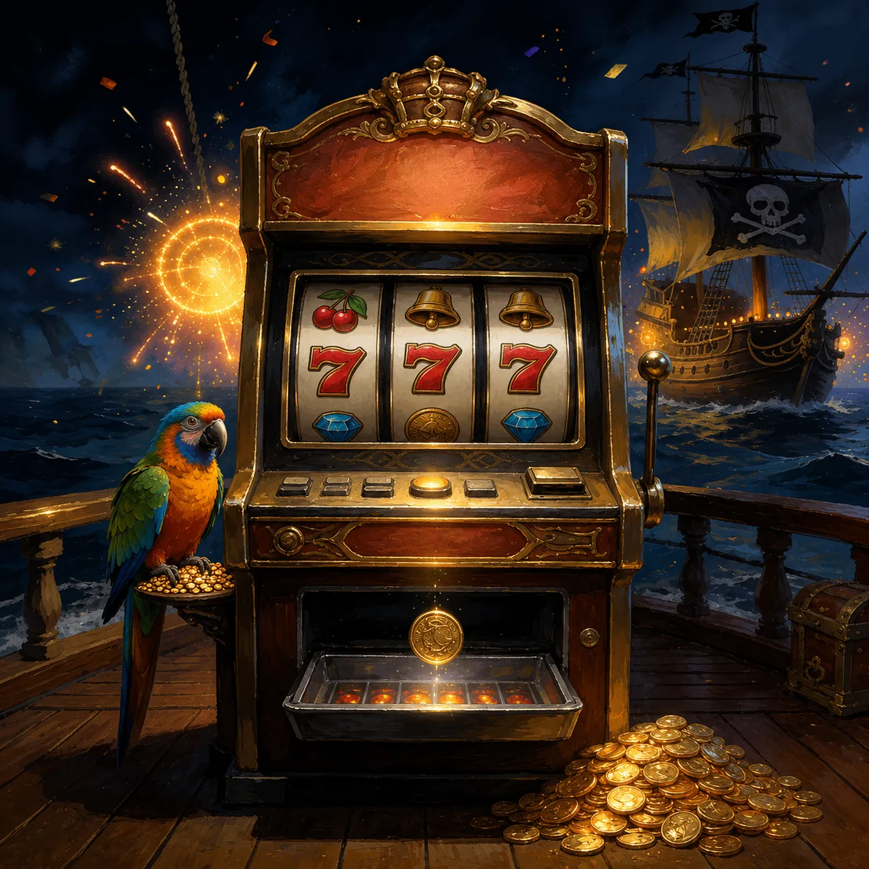 Slot machine reels mid-spin with coins in the payout tray