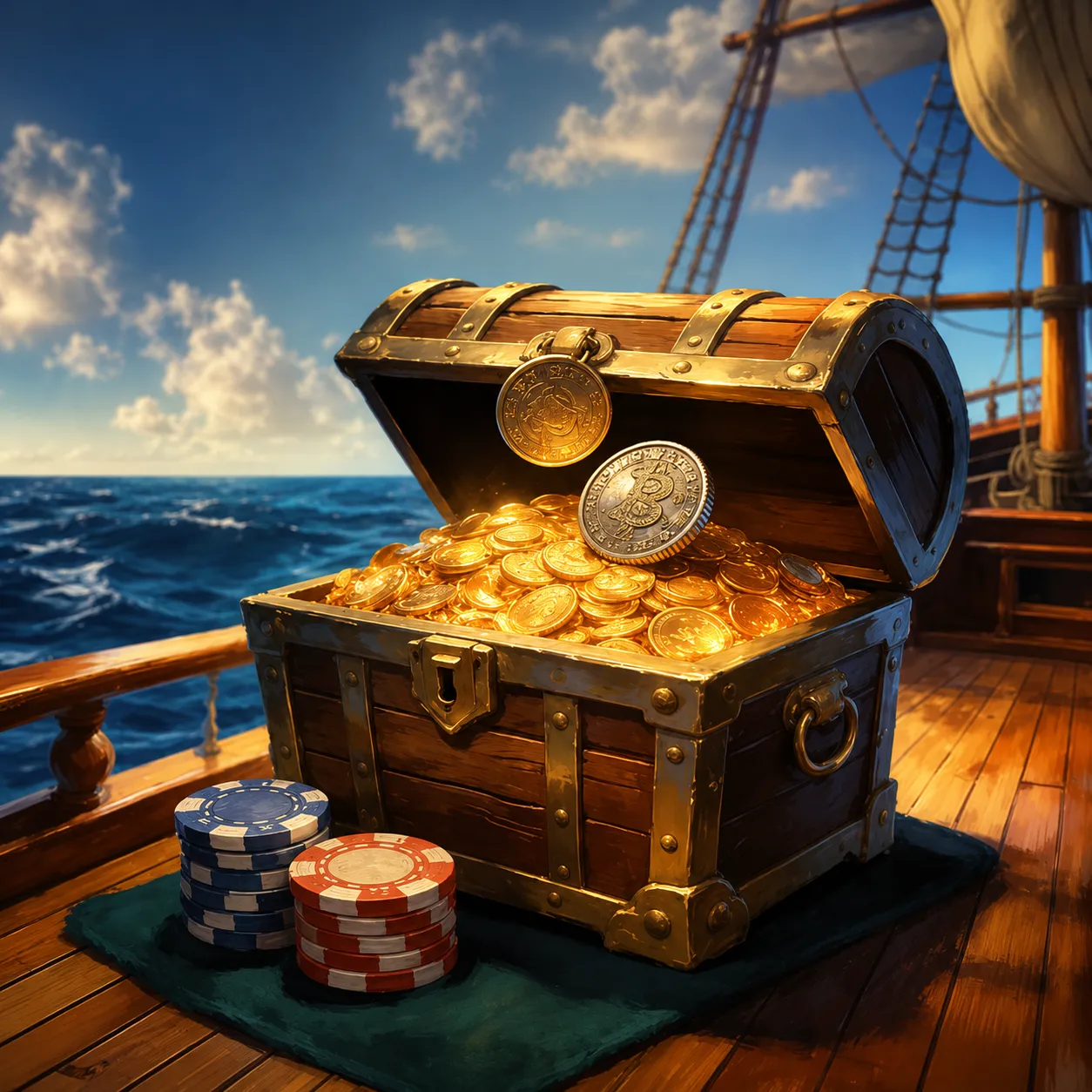 Open treasure chest of gold coins on a ship deck