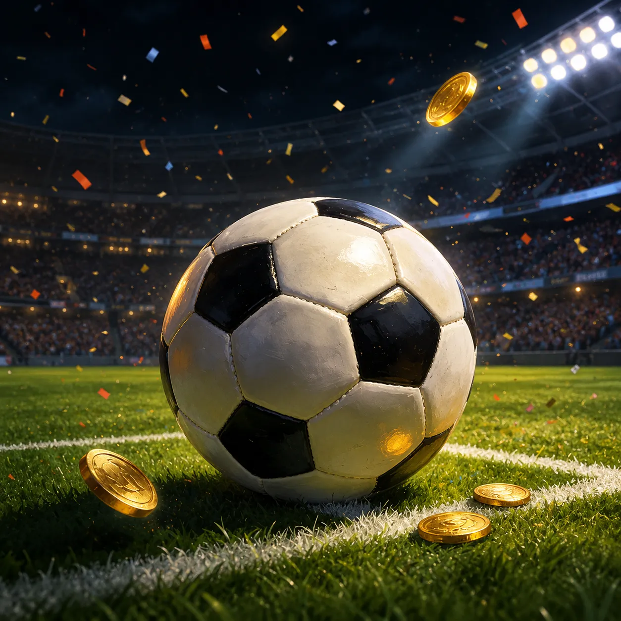 Football resting on the pitch with gold coins scattered nearby