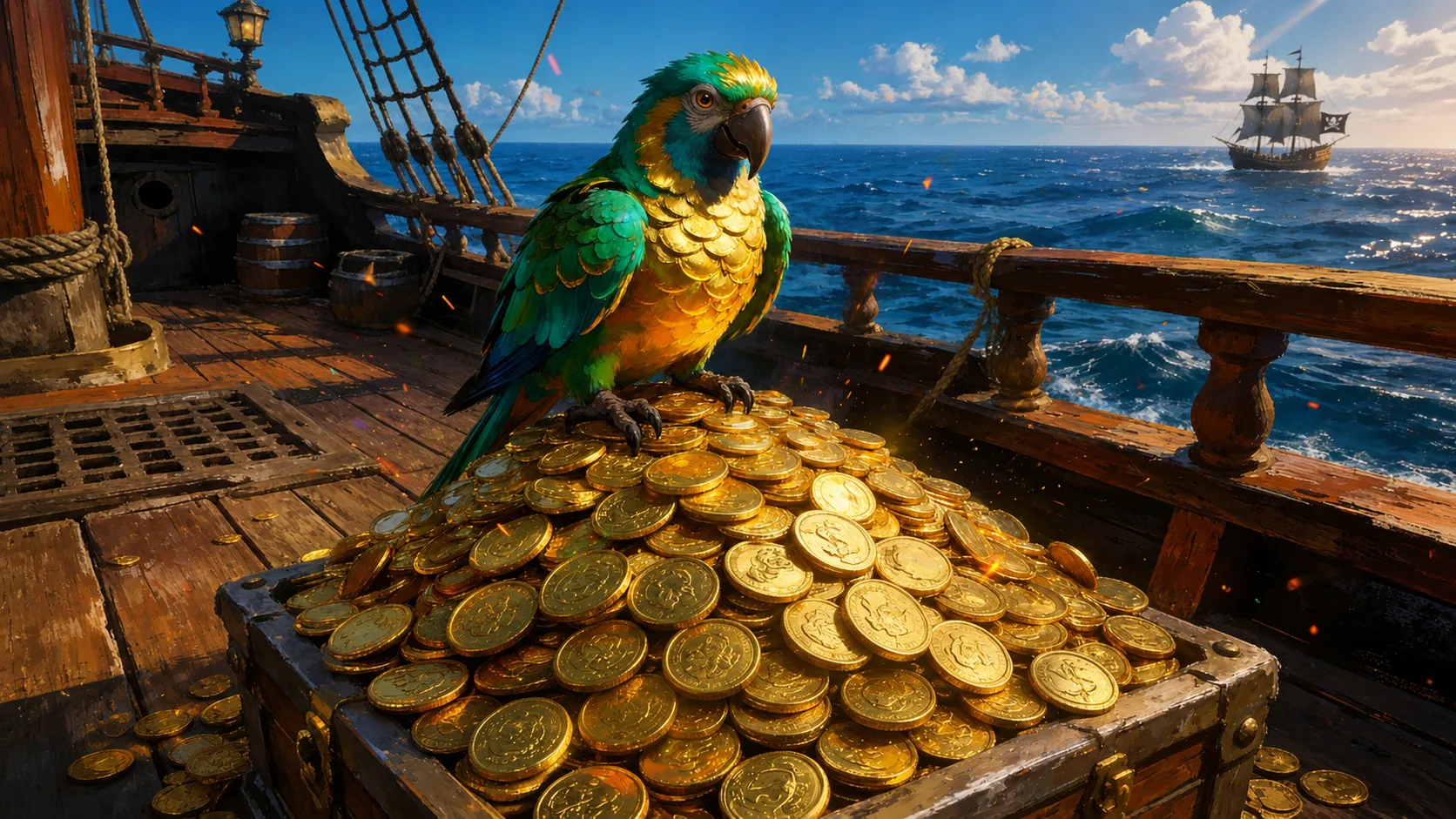 FatPirate cashback — casino chips with coins returning on a ship deck