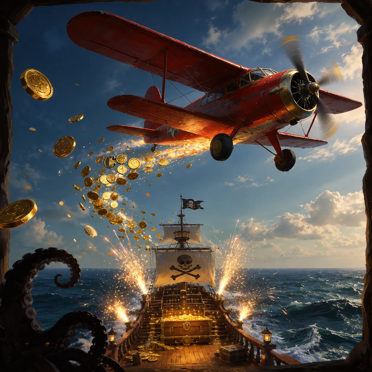 Small plane climbing with gold coins trailing behind it